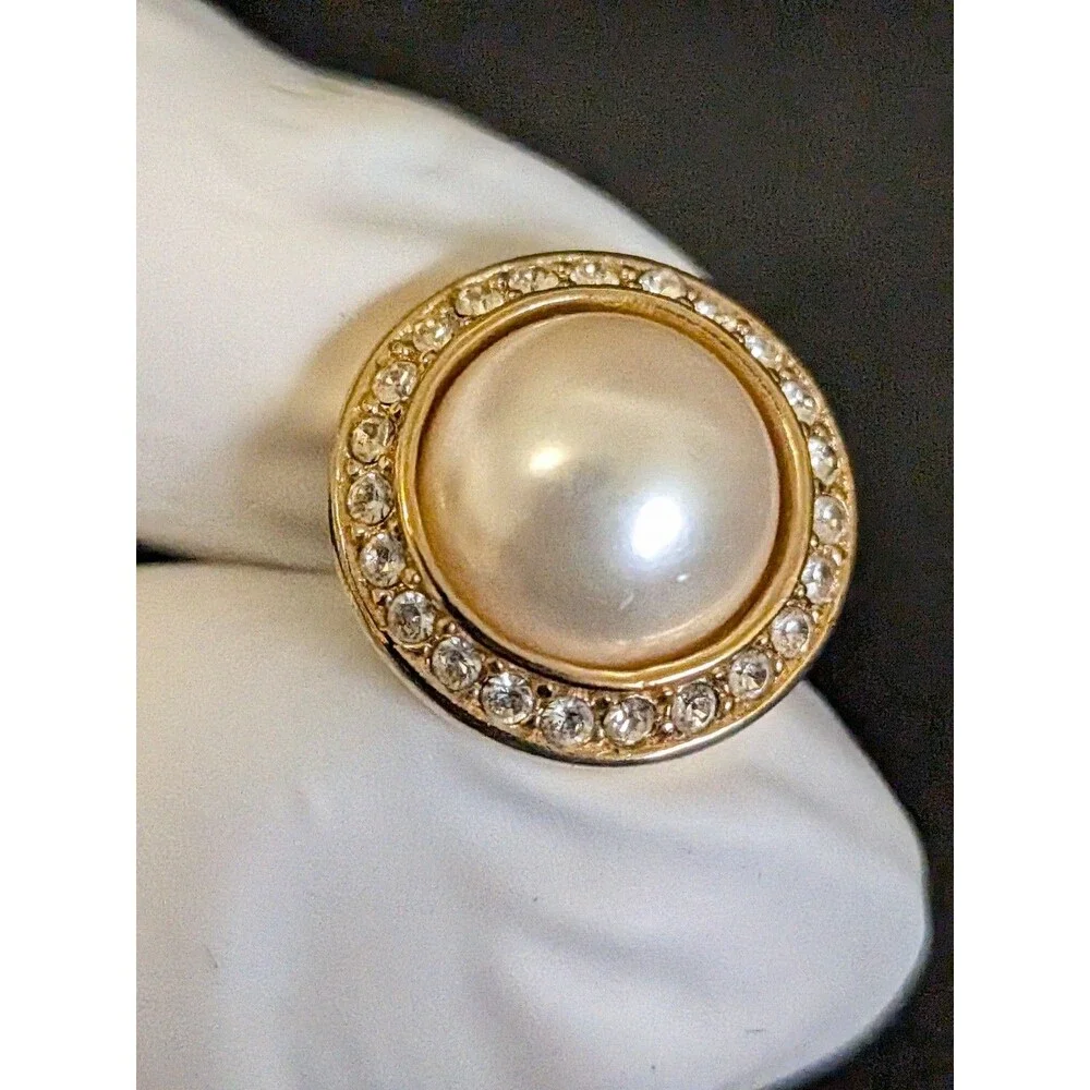 Christian Dior Gold Tone Faux Pearl Earrings With Rhinestones